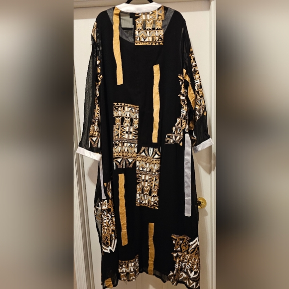 NWOT Ashro Black/Cream/Gold Nubian Dress w/Sheer Over Coat and Scarf - Picture 5 of 7